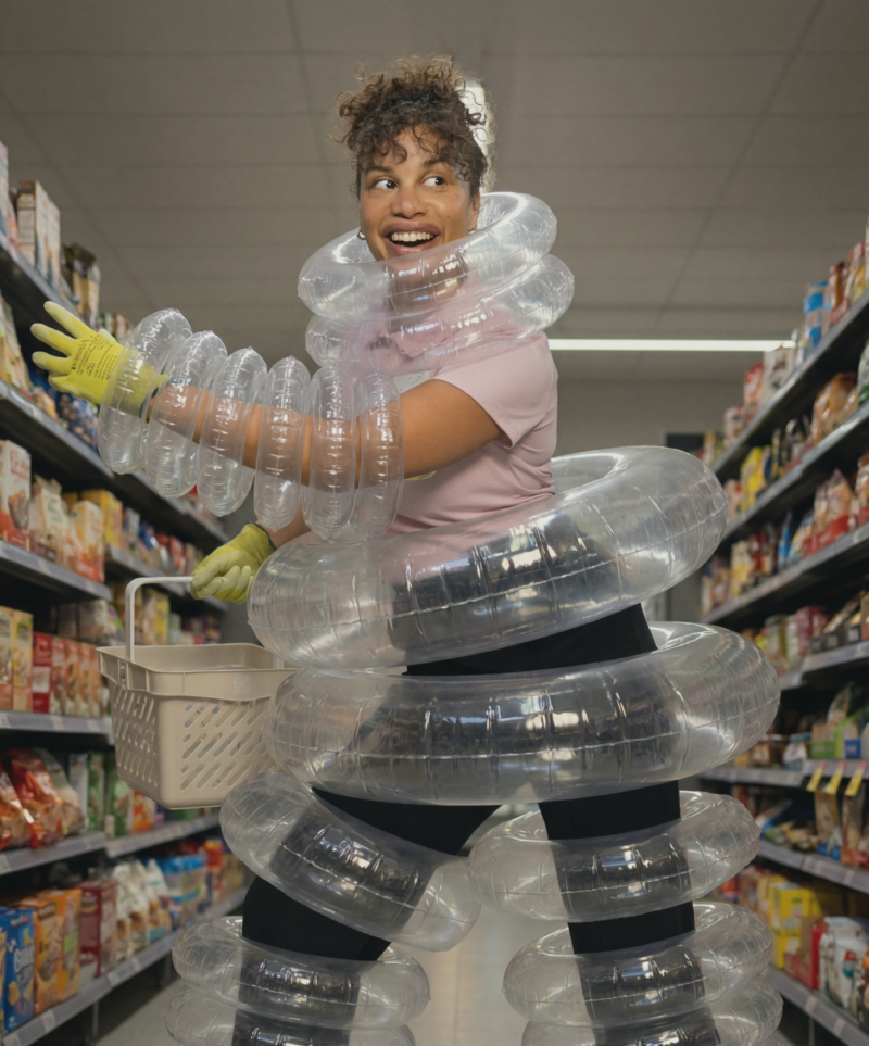Smiling salesperson in a supermarket aisle wears multiple clear inflatable rings around arms, torso and legs like protective padding, holds a shopping basket and wears yellow work gloves—a playful image of cushioning the bumps of working life.