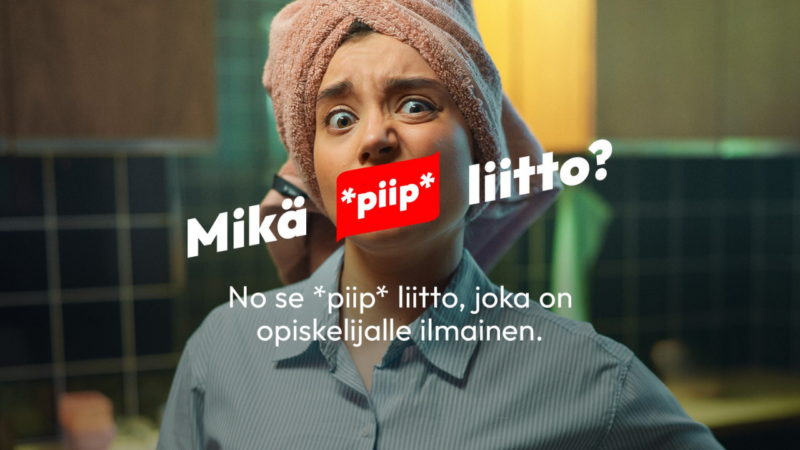 Mikä piip liitto -kampanjakuva, jossa henkilö katsoo ihmettelevästi kameraan ja hänen suunsa edessä on kampanjaslogan.
