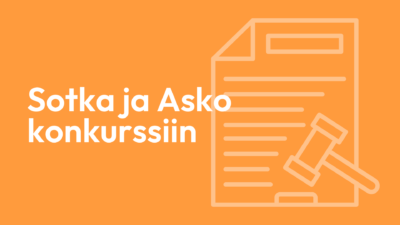Kuvituskuvassa lukee Sotka ja Asko konkurssiin ja taustalla on haalea piirros paperista ja oikeuden nuijasta