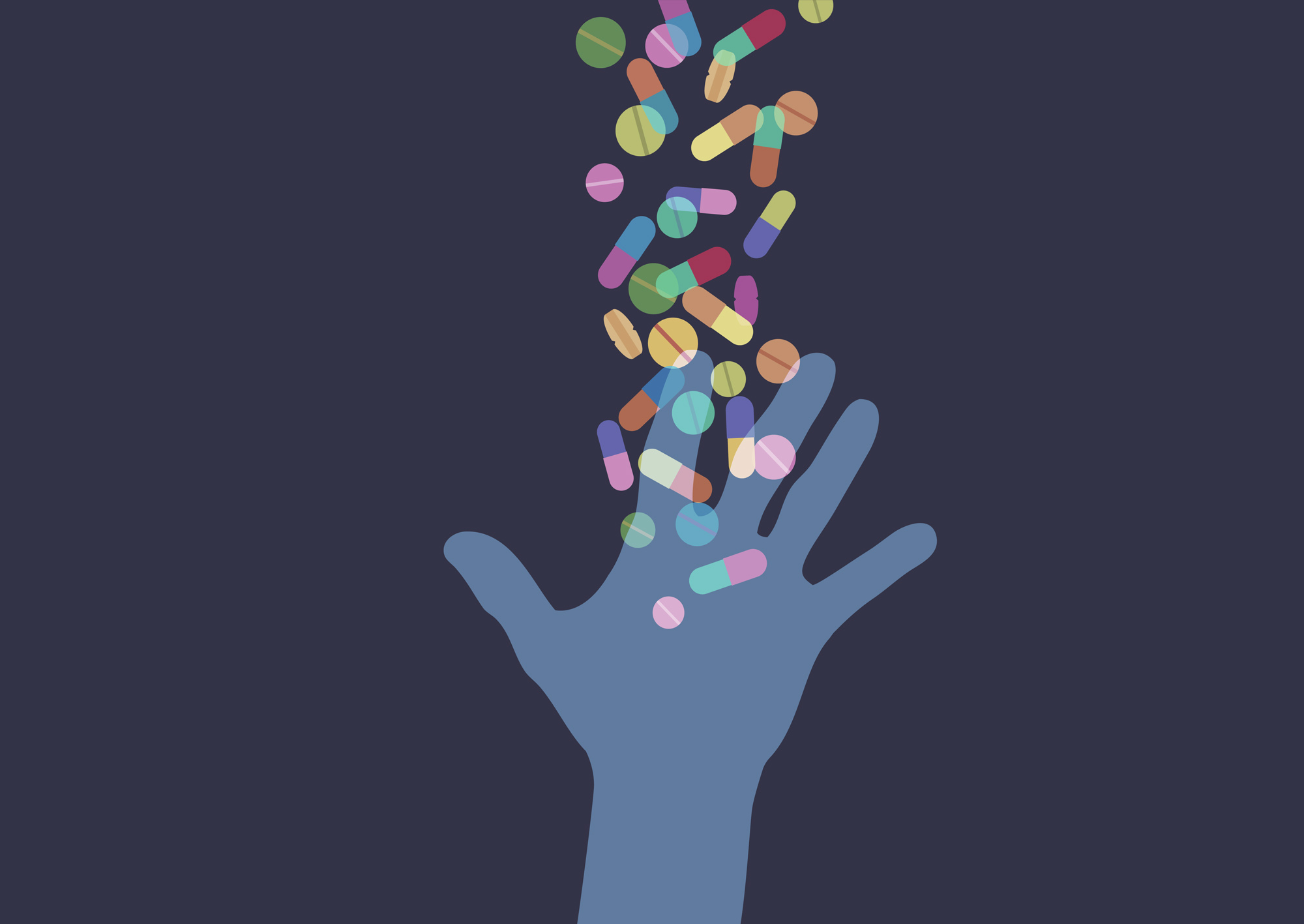 Kuvituskuva: sininen käsi ojentuu ylöspäin ja ylhäältä putoaa tiivis virta kirkkaita, värikkäitä pillereitä.
