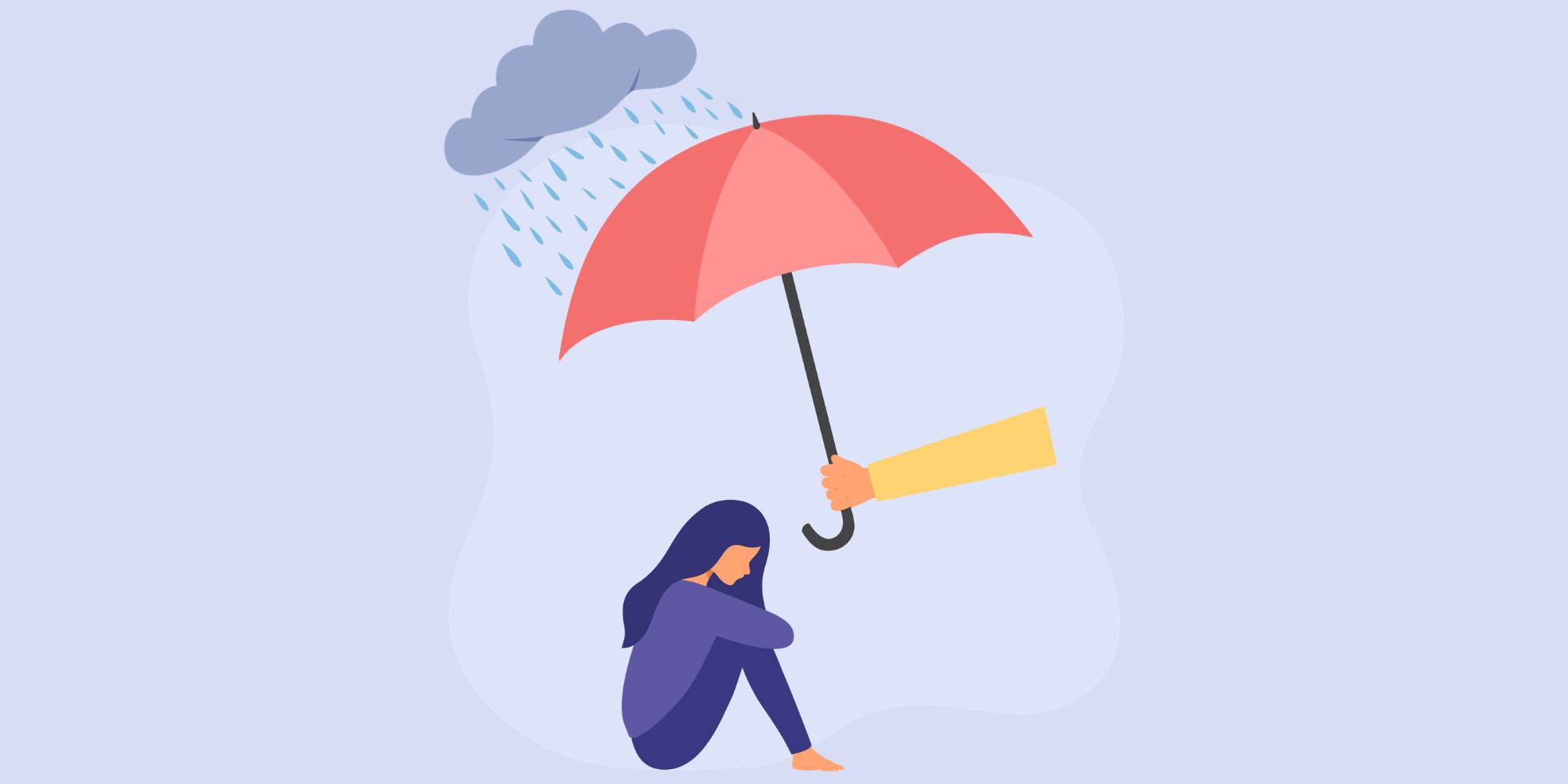 Kuvitus: murheellinen henkilö istuu sadepilven alla, mutta ulottuva käsi pitää sateenvarjoa suojaten.