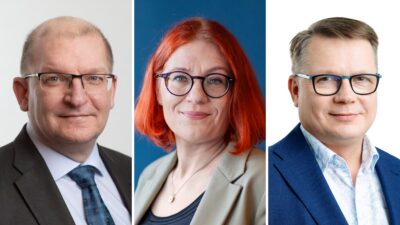 Riku Aallon, Annika Rönni-Sällisen ja Veli-Matti Kuntosen kasvokuvat vierekkäin. He katsovat suoraan kameraan.