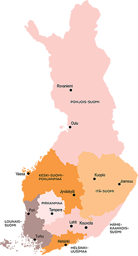 PAM's regions regional offices on map of Finland.